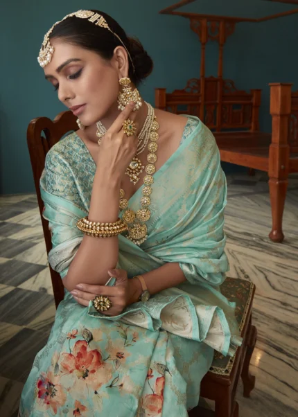 Turquoise Green Floral Print Saree