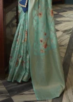 Turquoise Green Floral Print Saree