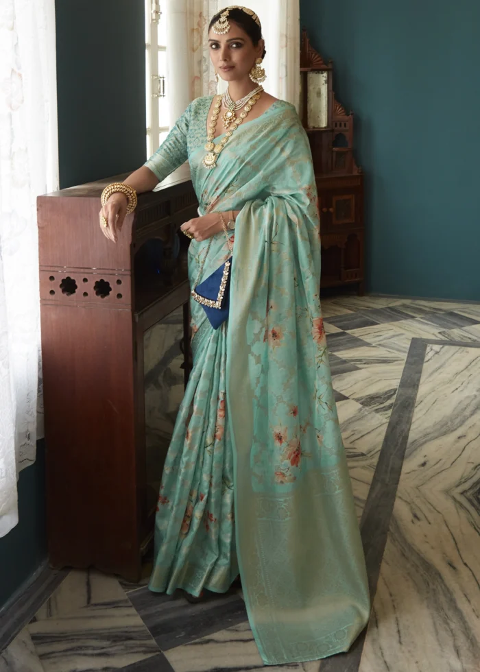 Turquoise Green Floral Print Saree