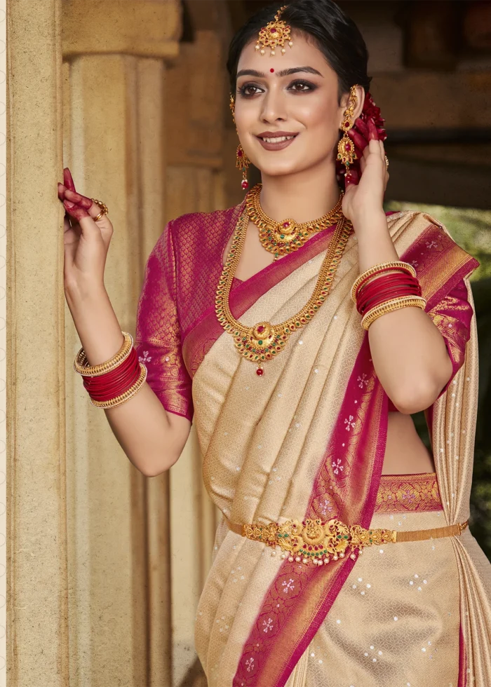 Beige & Pink Kanjivaram Saree