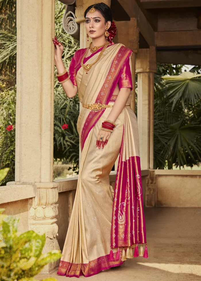 Beige & Pink Kanjivaram Saree