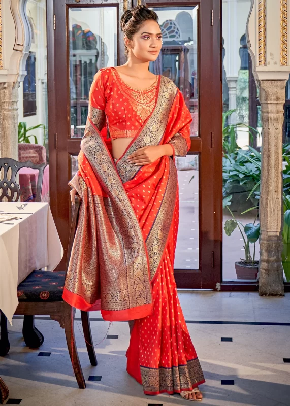 Coral Orange Banarasi Silk Saree