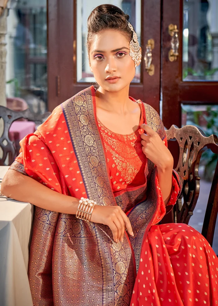 Coral Orange Banarasi Silk Saree