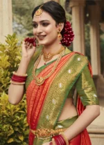 Coral Orange & Green Kanjivaram Saree