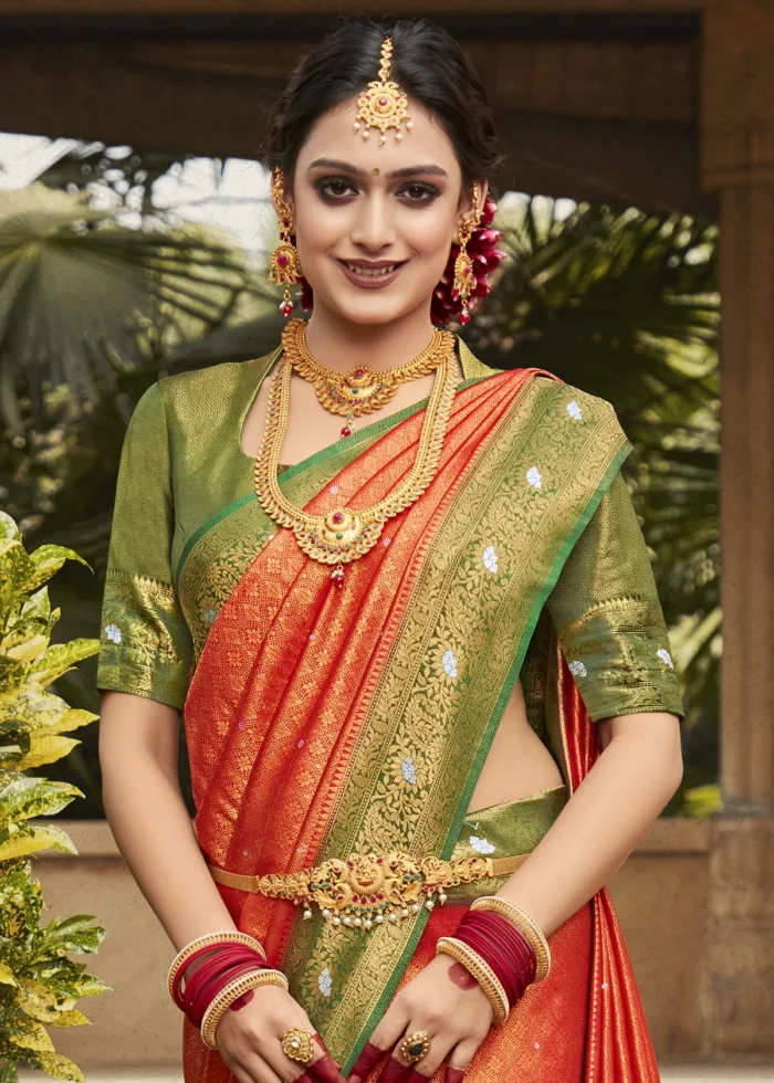 Coral Orange & Green Kanjivaram Saree