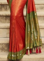 Coral Orange & Green Kanjivaram Saree