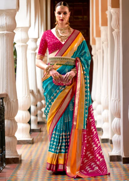 Horizon Blue Patola Silk Saree