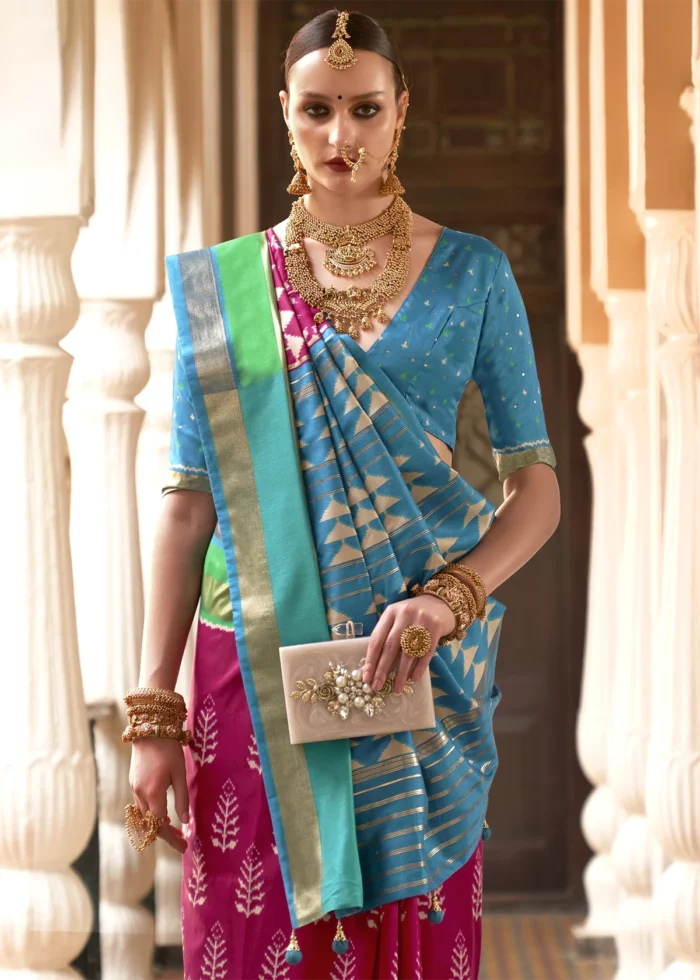 Magenta & Blue Patola Silk Saree