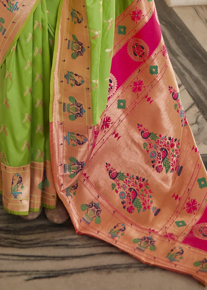 Parrot Green Paithani Silk Saree