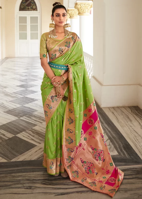 Parrot Green Paithani Silk Saree