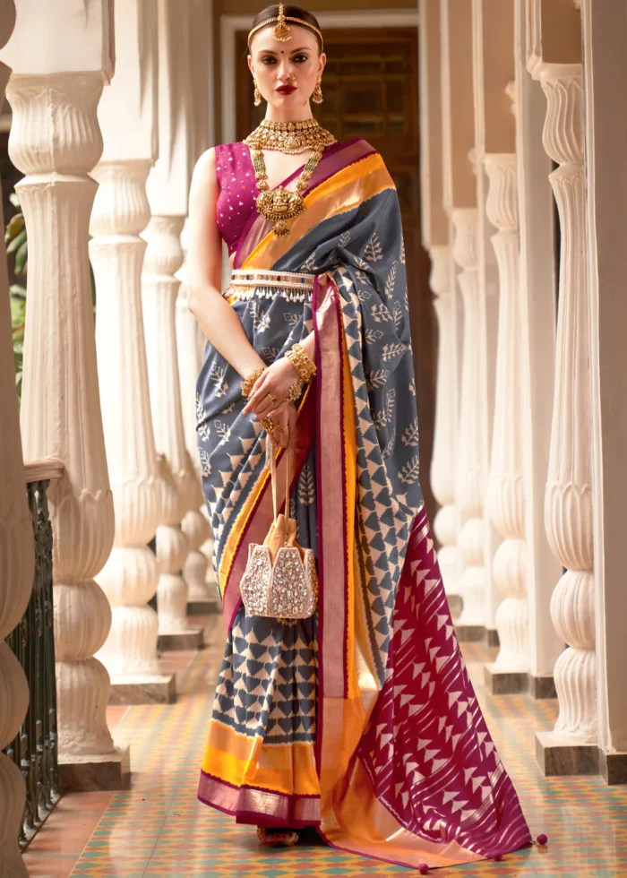 Slate Gray Patola Silk Saree