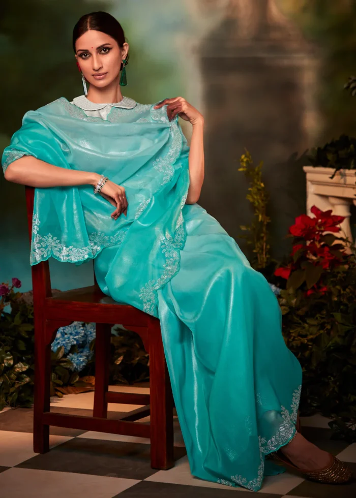 Aqua Blue Organza Silk Saree