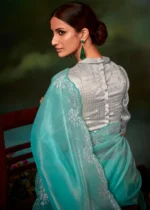 Aqua Blue Organza Silk Saree