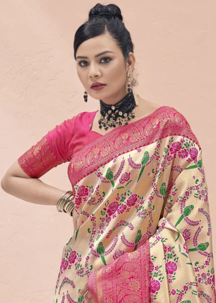 Beige and Pink Kanjivaram Saree