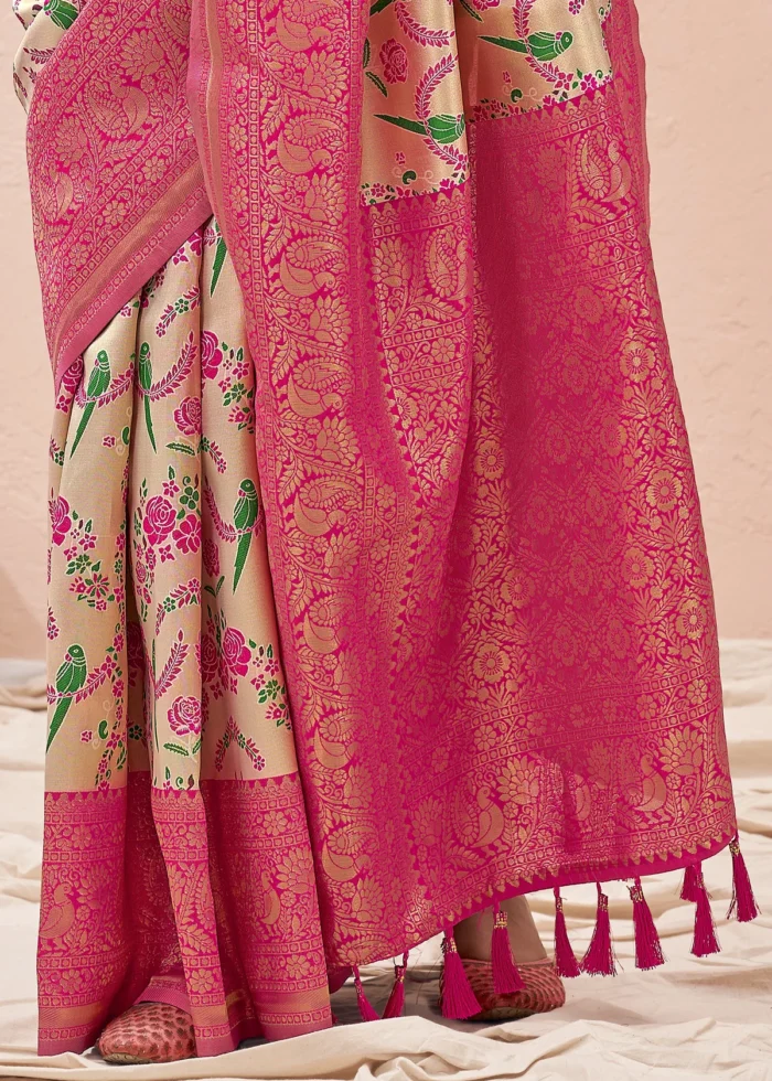 Beige and Pink Kanjivaram Saree