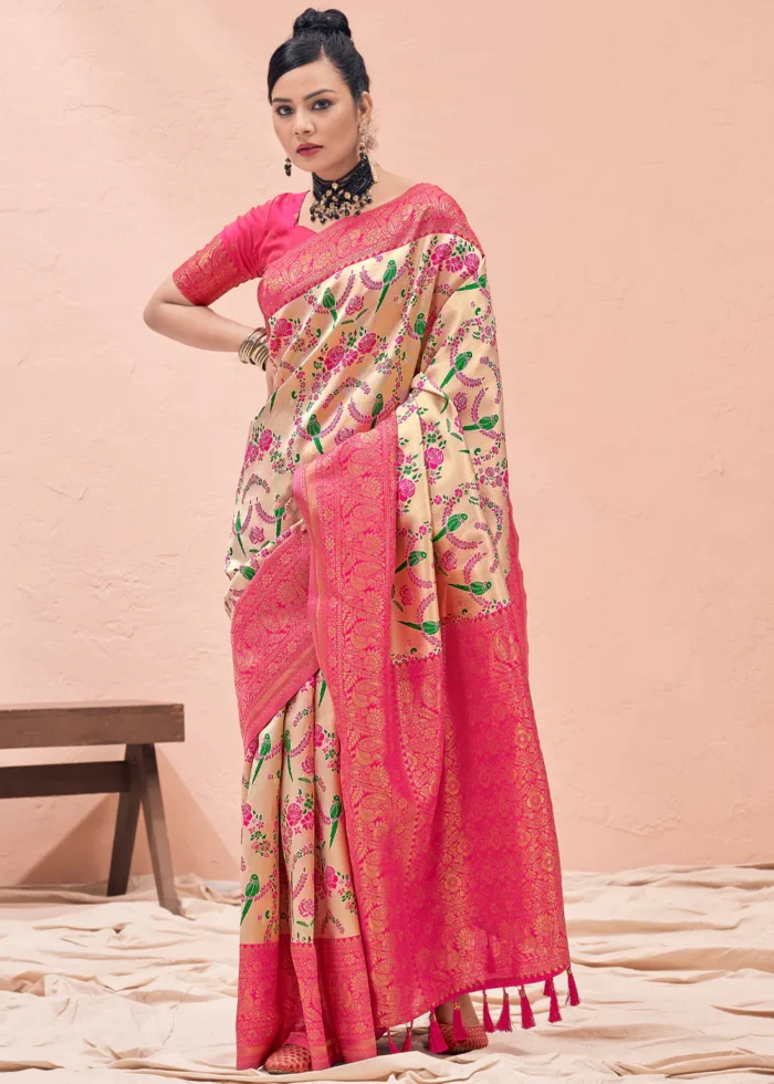 Beige and Pink Kanjivaram Saree