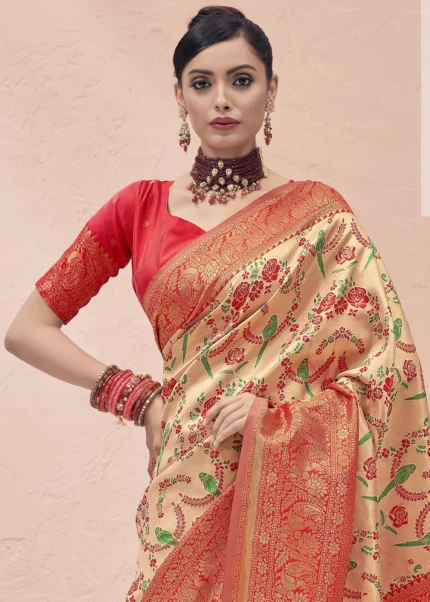 Beige and Red Kanjivaram Saree