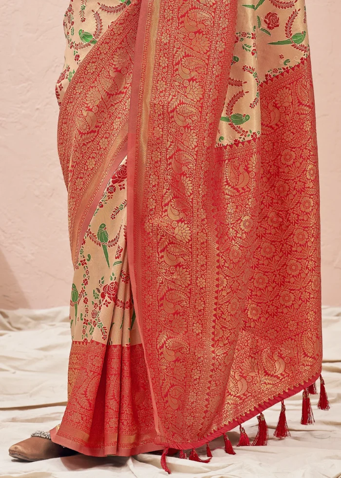 Beige and Red Kanjivaram Saree