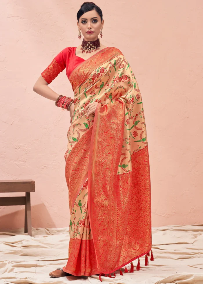 Beige and Red Kanjivaram Saree