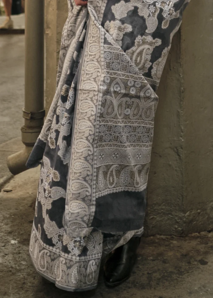 Black Lucknowi Chikankari Saree