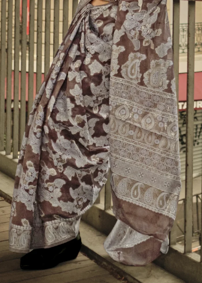 Brown Lucknowi Chikankari Saree