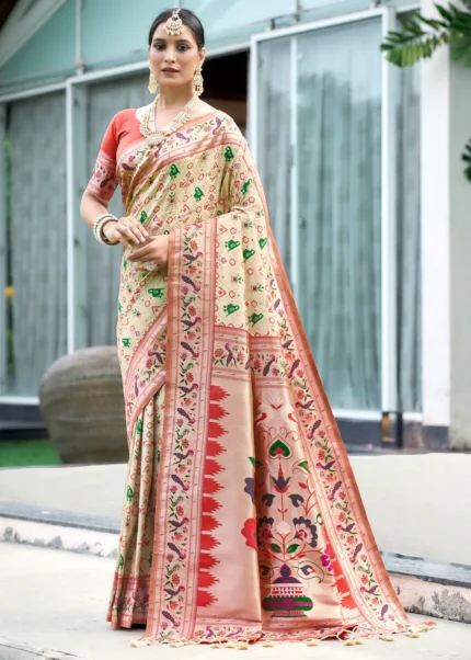 Cream Paithani Silk Saree