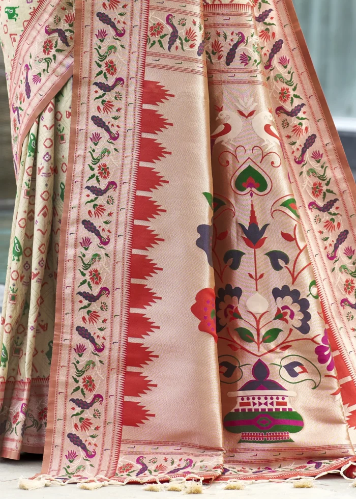 Cream Paithani Silk Saree