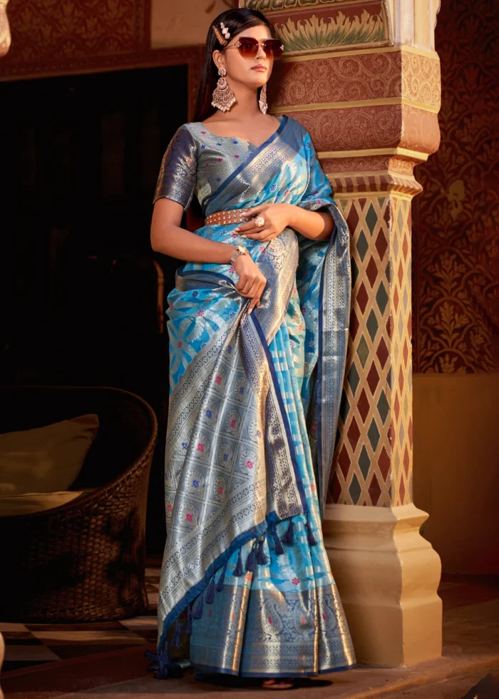 Cyan Blue Banarasi Saree