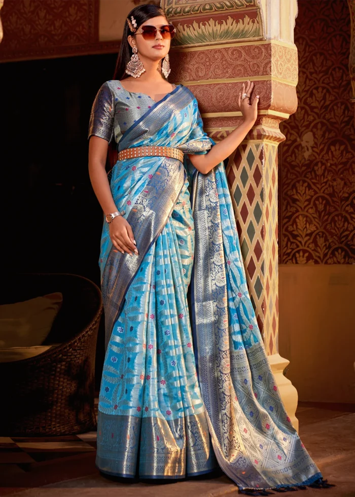 Cyan Blue Banarasi Saree