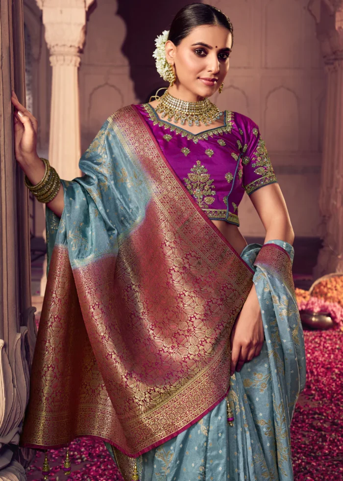 Dusty Blue Banarasi Saree