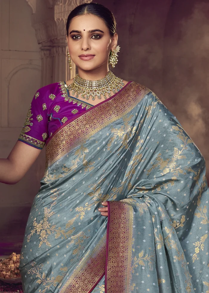 Dusty Blue Banarasi Saree