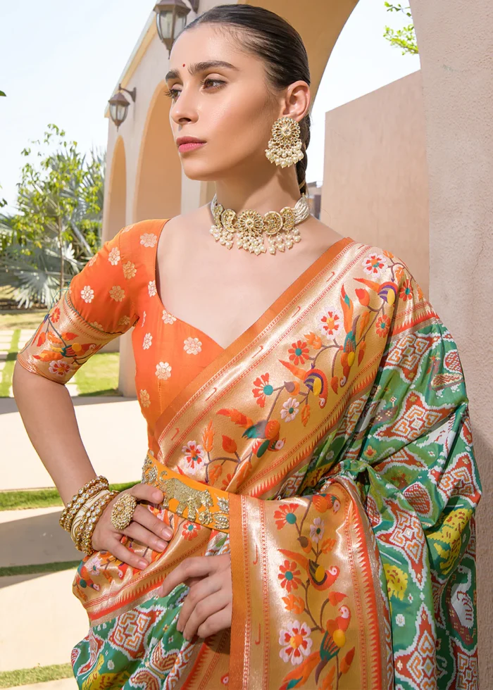 Green and Orange Paithani Silk Saree