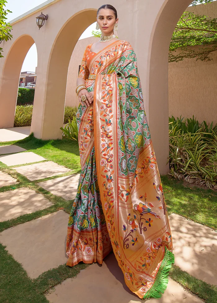 Green and Orange Paithani Silk Saree