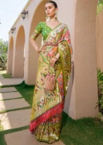 Green and Peach Paithani Silk Saree