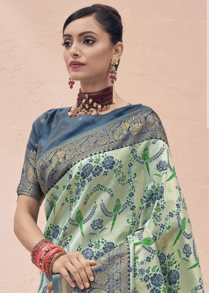 Mint Green and Blue Kanjivaram Saree