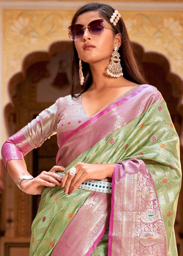 Mint Green and Pink Banarasi Saree