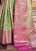 Mint Green and Pink Banarasi Saree