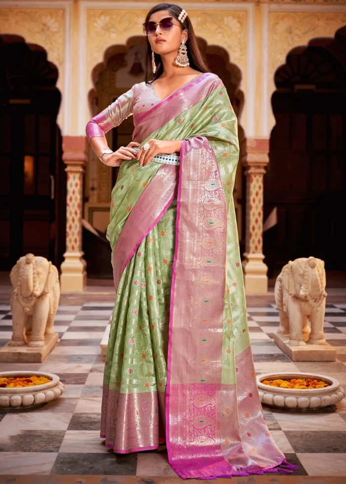 Mint Green and Pink Banarasi Saree