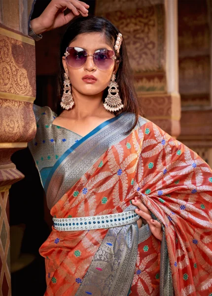 Orange and Blue Banarasi Saree