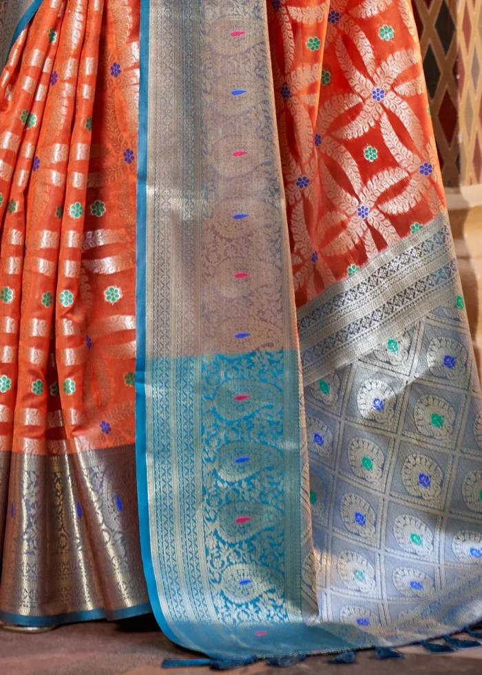 Orange and Blue Banarasi Saree