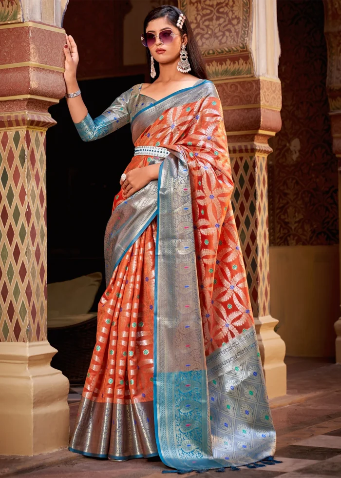 Orange and Blue Banarasi Saree