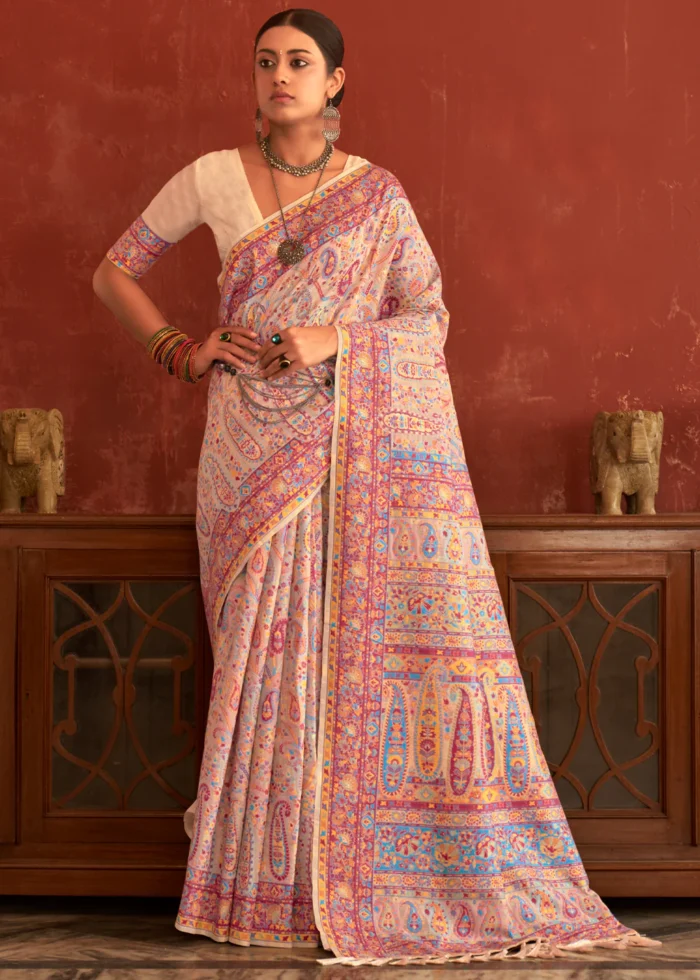 Peach Kashmiri Jamawar Saree