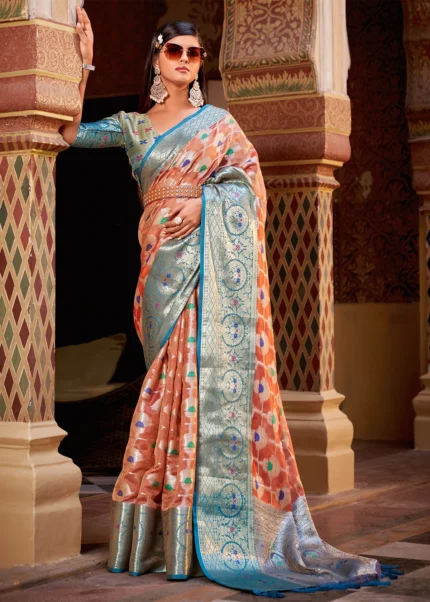 Peach and Blue Banarasi Saree