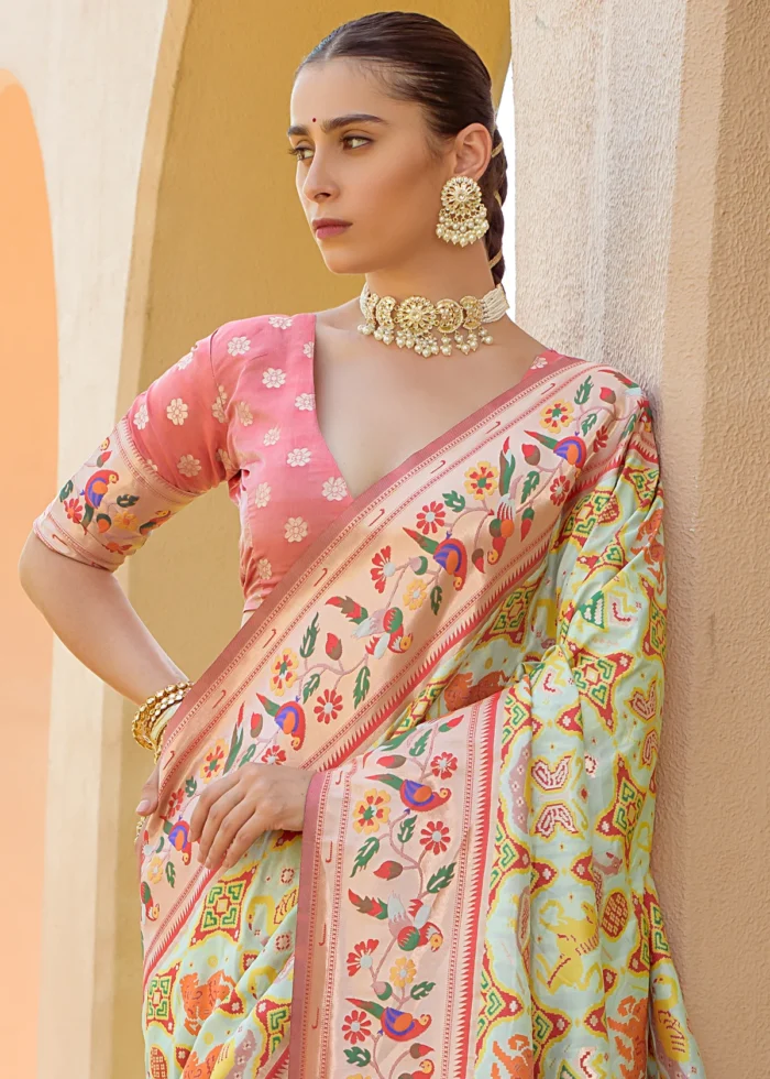 Pink and Off White Paithani Silk Saree