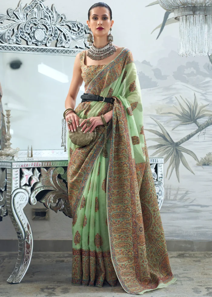 Pista Green Kashmiri Jamawar Saree