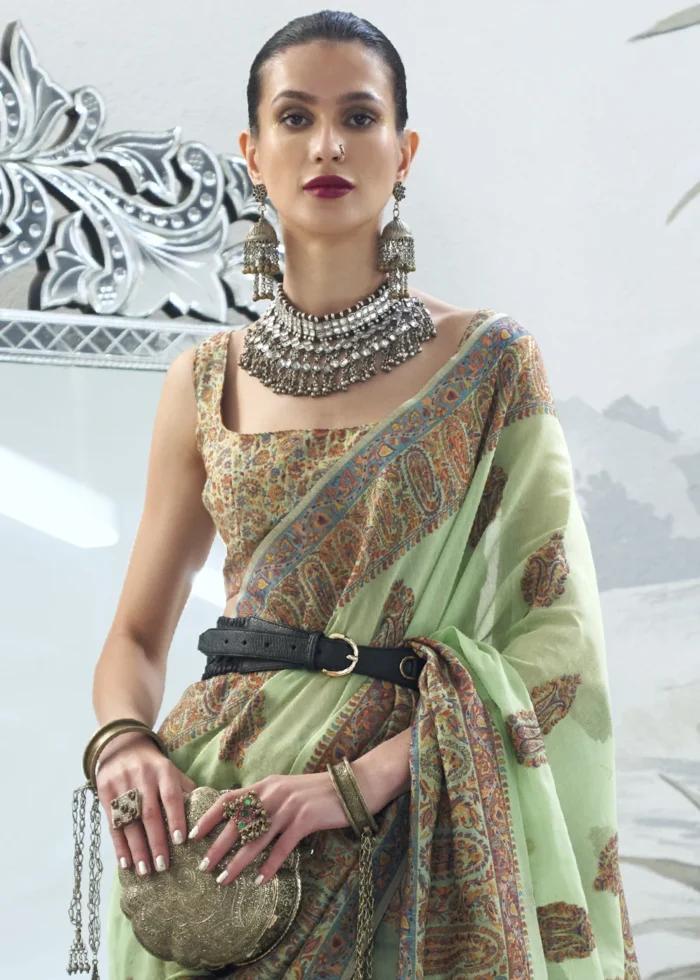 Pista Green Kashmiri Jamawar Saree