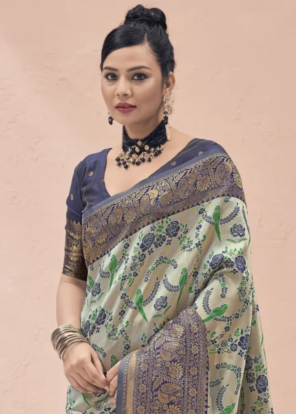 Sage Green and Blue Kanjivaram Saree