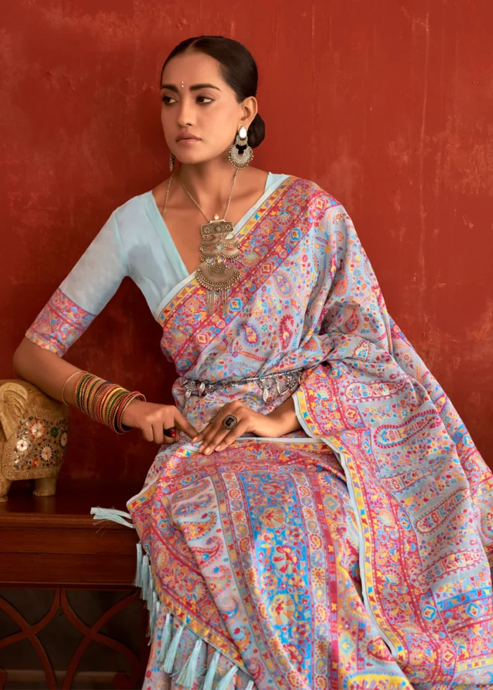 Sky Blue Kashmiri Jamawar Saree