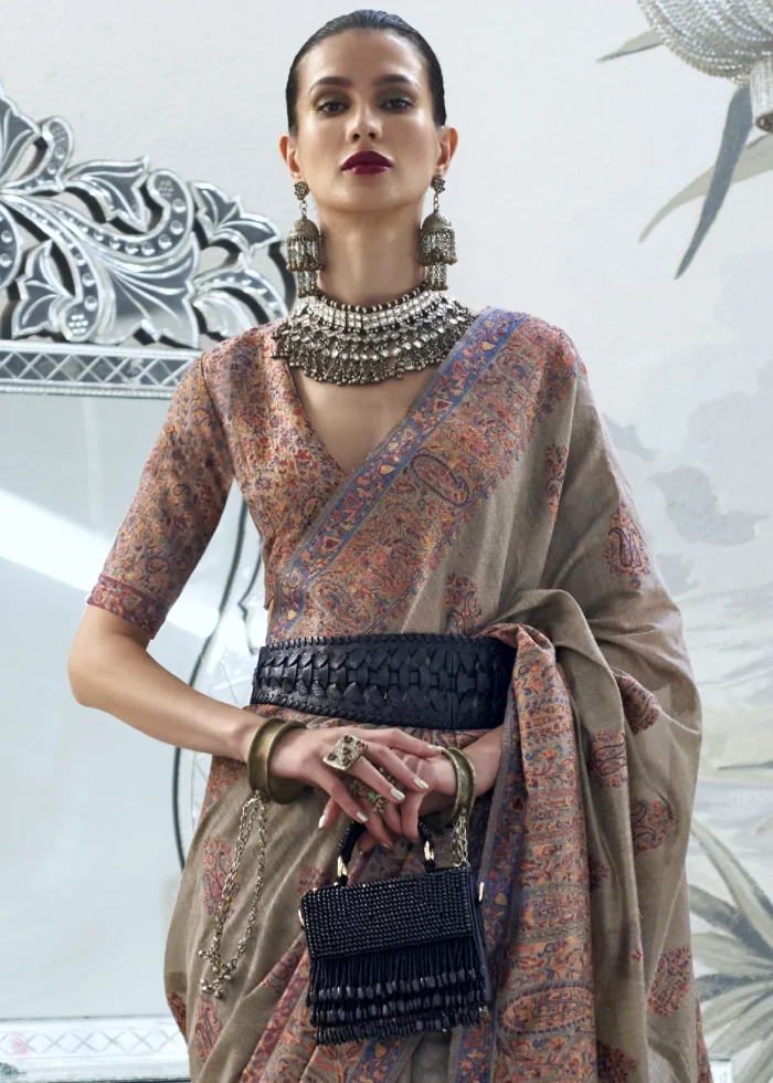 Taupe Kashmiri Jamawar Saree