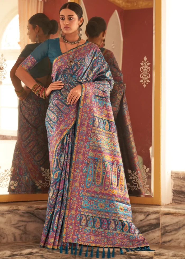 Teal Blue Kashmiri Jamawar Saree